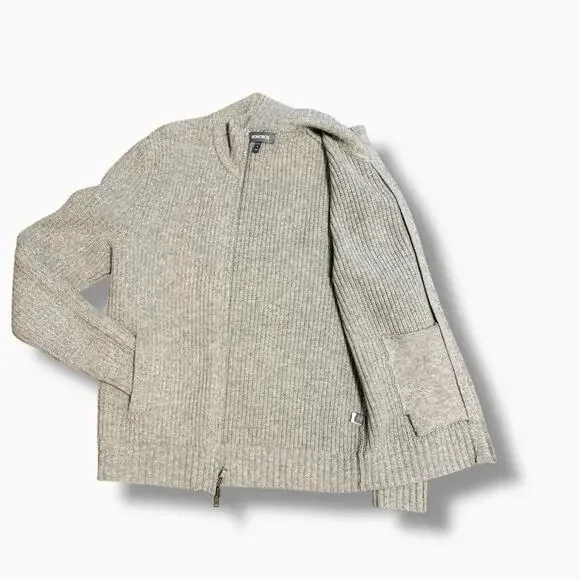 Bonobos Two Way Zip Up Mock Neck LambsWool Sweater Size S Slim Ribbed Knit Cream - Picture 2 of 7